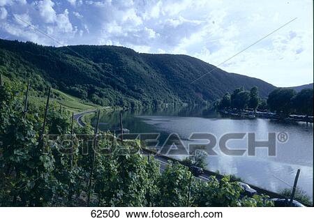 Stock Image - High angle view of a river, Moseltal River, Rhineland Palatinade, Germany . Fotosearch