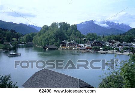 Stock Photo - High angle view of ferry in river, Koenigssee, Bavaria, Germany, Europe . Fotosearch
