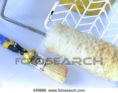 High angle view of paint roller and brush View Large Photo Image Stock Photo - High angle view of paint roller and brush . Fotosearch