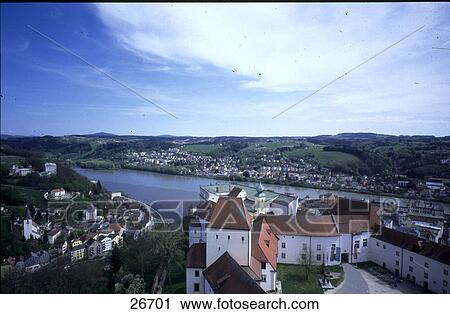 High angle view of town, Passau, Danubia River, Bavaria, Germany View Large Photo Image Stock Image - High angle view of town, Passau, Danubia River, Bavaria, Germany . Fotosearch