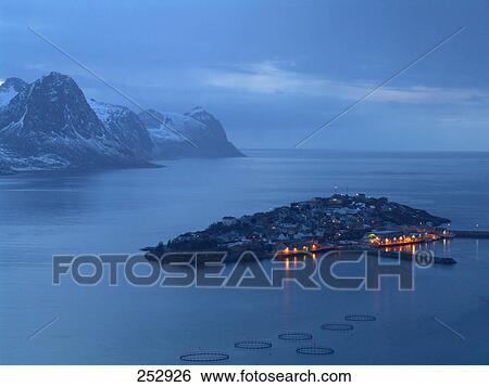 High angle view of village on island, Husoy, Senja, Lenvik, Troms County, Norway View Large Photo Image Stock Photograph - High angle view of village on island, Husoy, Senja, Lenvik, Troms County, Norway . Fotosearch
