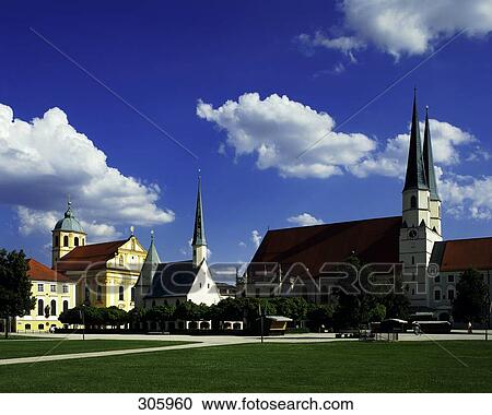 Stock Image - Lawn in front of church, Altoetting, Bavaria, Germany . Fotosearch
