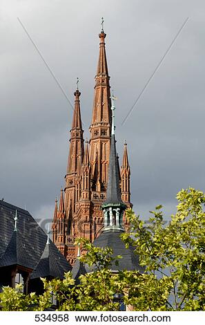 Low angle view of church, Market Church, Wiesbaden, Germany View Large Photo Image Stock Photo - Low angle view of church, Market Church, Wiesbaden, Germany . Fotosearch