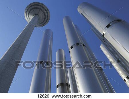 Stock Photograph - Low angle view of television towers, Frankfurt, Hesse, Germany . Fotosearch