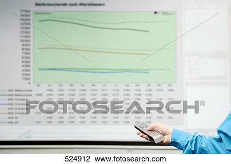 Stock Image - Man's hand holding remote with projection screen in background . Fotosearch