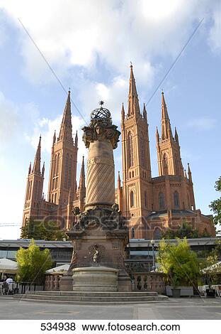 Monument in front of church, Market Church, Wiesbaden, Germany View Large Photo Image Stock Photo - Monument in front of church, Market Church, Wiesbaden, Germany . Fotosearch