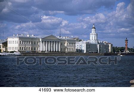 Stock Image - Museum at waterfront, Kunstkamera, Neva River, St. Petersburg, Russia . Fotosearch