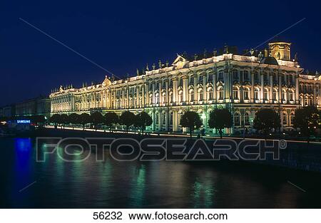 Stock Image - Palace along Newa river illuminated at night, St. Petersburg, Russia, Europe . Fotosearch