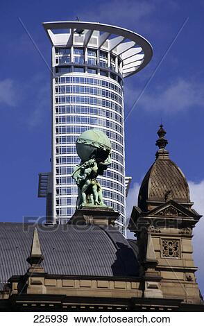 Sculpture on roof of railway station building in front of bank, DZ Bank, Kronenhochhaus, Frankfurt, Germany View Large Photo Image Stock Photo - Sculpture on roof of railway station building in front of bank, DZ Bank, Kronenhochhaus, Frankfurt, Germany . Fotosearch