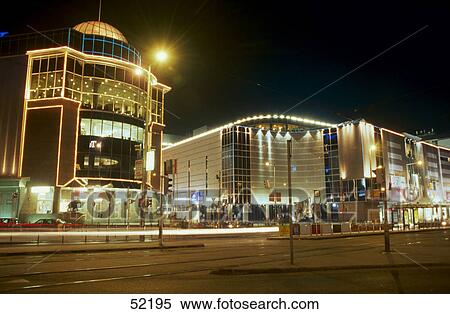 Stock Photography - Shopping mall lit up at night, Budapest, Hungary . Fotosearch