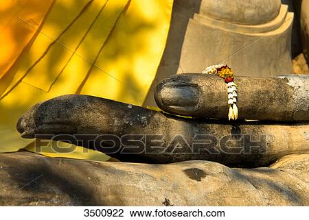 Stock Image - Sitting Buddha Statue, Wat Yai Chai Mongkhon, Ayuthaya, Thailand, close-up . Fotosearch