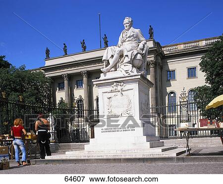 Stock Photo - Statue in front of university building, Alexander Von Humboldt Statue, Berlin, Germany . Fotosearch