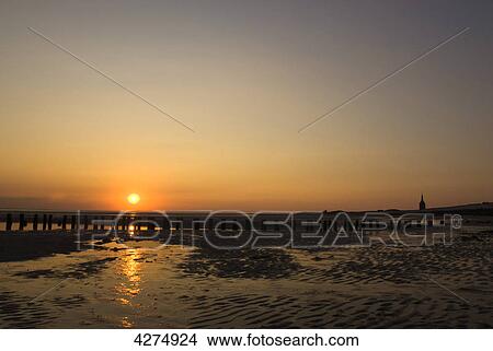 Picture - Sunset, Wangerooge, Lower Saxony, Germany, Europe . Fotosearch