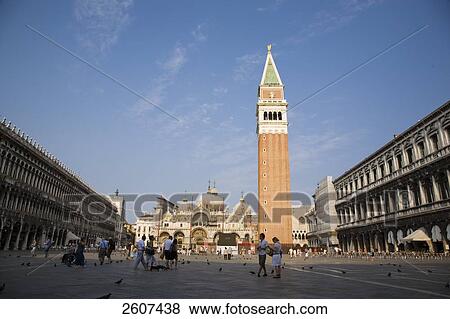Stock Photo - Tourists at city square, Saint Mark's Square, Basilica San Marco, Campanile, Veneto, Venice, Italy . Fotosearch