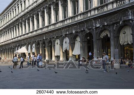 Stock Image - Tourists near pigeons perching on square floor, Procuratie Nuove, St Mark's Square, Veneto, Venice, Italy . Fotosearch