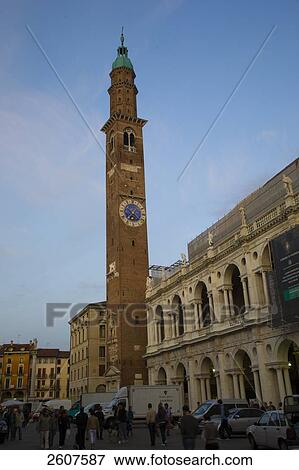 Stock Photo - Tower of church, Basilica Palladiana, Piazza Dei Signori, Torre Di Piazza, Vicenza, Veneto, Italy . Fotosearch