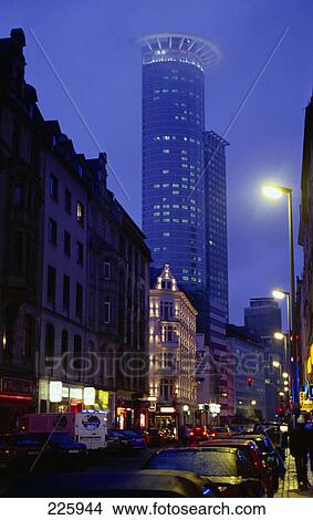 Picture - Traffic on city road at night, DZ Bank, Kronenhochhaus, Frankfurt, Germany . Fotosearch