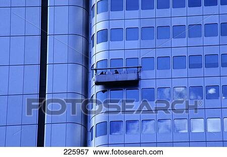 Stock Photo - Window washers cleaning building, Dresdner Bank, Silver Tower, Frankfurt, Germany . Fotosearch