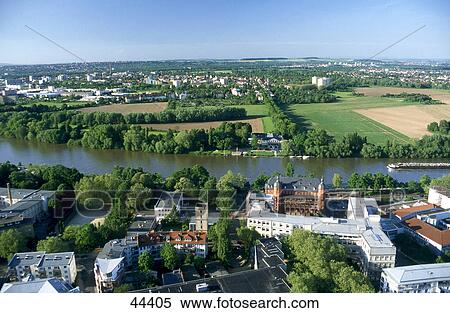 Aerial view of river flowing through town, Main River, Isenburg Castle, Offenbach Germany View Large Photo Image Stock Photography - Aerial view of river flowing through town, Main River, Isenburg Castle, Offenbach Germany . Fotosearch