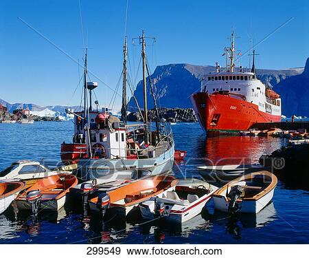 Stock Photo - Boats with cruise ship on harbor, Uummannaq, Qaasuitsup, Greenland . Fotosearch