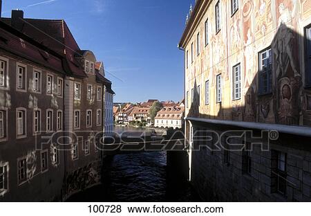 Stock Photo - Bridge across river, River Regnitz, Bamberg, Bavaria, Germany . Fotosearch