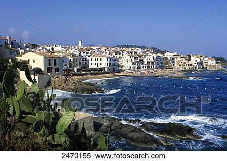 Stock Photography - Buildings at waterfront, Calella de Palafrugell, Costa Brava, Catalonia, Spain . Fotosearch