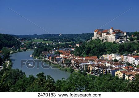 Stock Image - Buildings at waterfront, Salzach, Burghausen, Lower Bavaria, Bavaria, Germany . Fotosearch