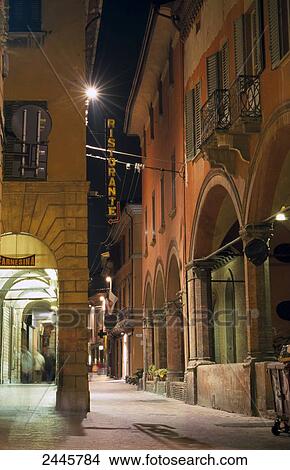 Picture - Buildings lit up at night, Bologna, Emilia-Romagna, Italy . Fotosearch