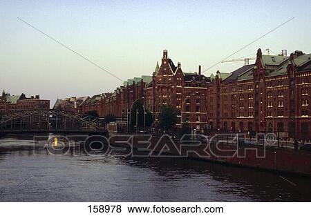 Stock Photo - Buildings on waterfront, Port of Hamburg, Hamburg, Germany . Fotosearch