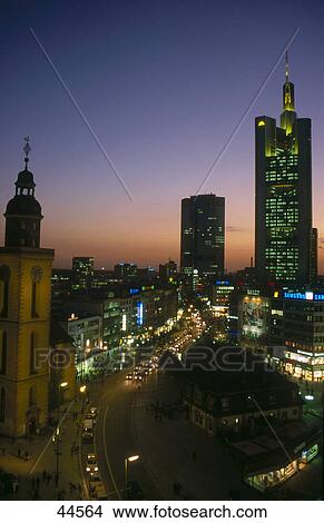Picture - Church lit up at night, St Catherine's Church, Frankfurt, Hesse, Germany . Fotosearch