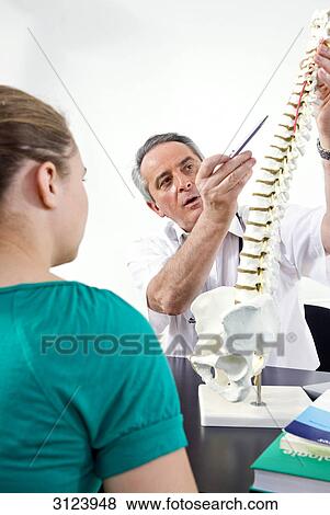 Doctor showing a spine model to female patient View Large Photo Image Stock Photo - Doctor showing a spine model to female patient . Fotosearch