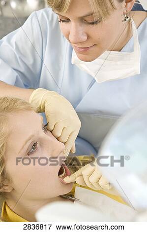 Female dentist examining patient's teeth View Large Photo Image Stock Photo - Female dentist examining patient's teeth . Fotosearch