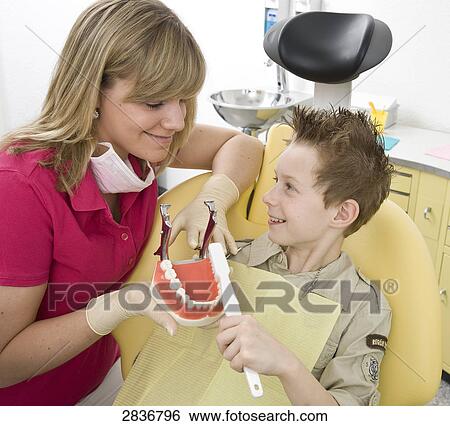 Female dentist showing denture to boy View Large Photo Image Stock Photograph - Female dentist showing denture to boy . Fotosearch