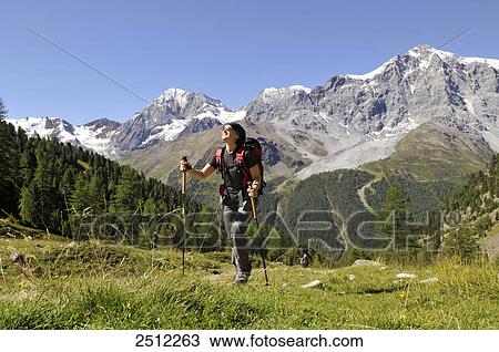 Stock Image - Female hiker walking on landscape, Trentino-Alto Adige, Italy . Fotosearch
