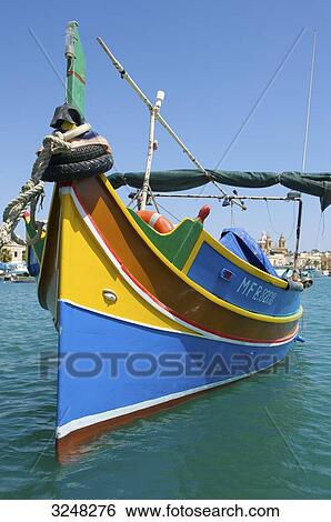 Stock Photograph - Fishing boat, Marsaxlokk, Malta . Fotosearch