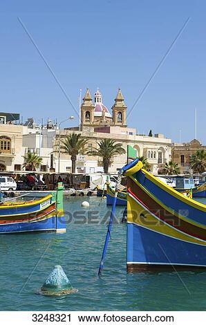 Stock Image - Fishing boats, Marsaxlokk, Malta . Fotosearch