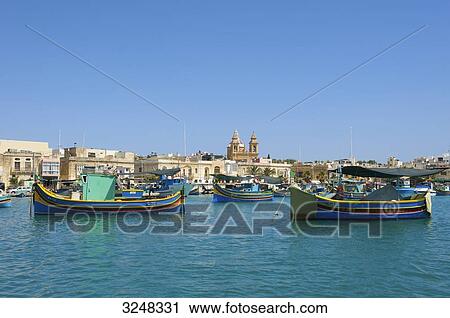 Stock Image - Fishing boats, Marsaxlokk, Malta . Fotosearch