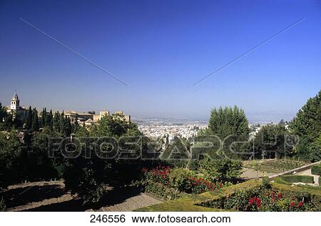 Stock Photograph - Formal garden in front of palace, Alhambra Palace, Granada, Granada Province, Andalusia, Spain . Fotosearch