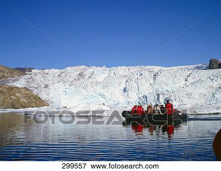 Stock Photo - Group of people on raft, Prins Christians Sund, Greenland . Fotosearch
