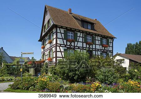 Stock Photo - Half-timbered house, Insel Reichenau, Baden-Wuerttemberg, Germany, Europe . Fotosearch