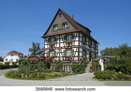 Stock Photograph - Half-timbered house, Insel Reichenau, Baden-Wuerttemberg, Germany, Europe . Fotosearch