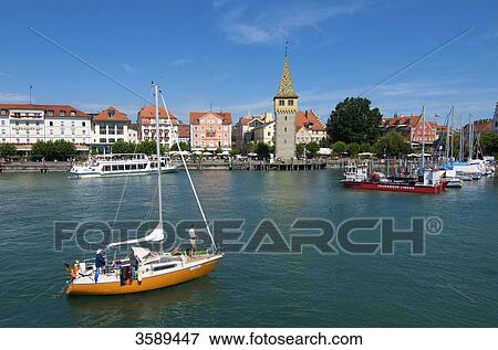 Stock Photo - Harbour with Mangenturm, Lake Constance, Lindau, Bavaria, Germany, Europe . Fotosearch