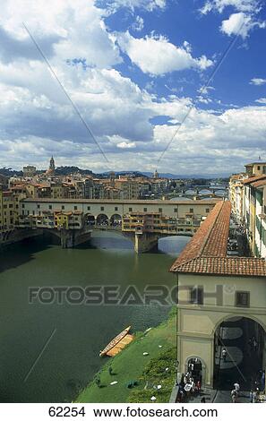 Picture - High angle view of bridge over river, Ponte Vecchio, Tuscany, Italy, Europe . Fotosearch
