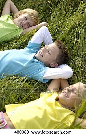 Stock Photo - High angle view of brother and sisters lying on grass . Fotosearch
