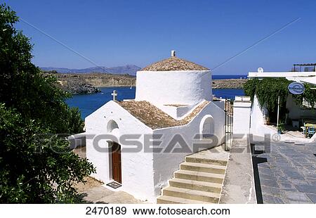 Stock Photo - High angle view of church, Lindos, Rhodes, Dodecanese Islands, Greece . Fotosearch