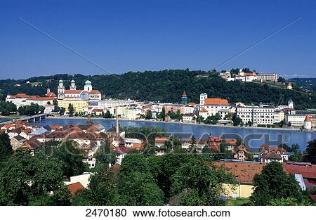 Stock Image - High angle view of city, Danube River, Passau, Lower Bavaria, Bavaria, Germany . Fotosearch