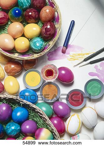 High angle view of decorated Easter eggs and various dyes View Large Photo Image Stock Photo - High angle view of decorated Easter eggs and various dyes . Fotosearch