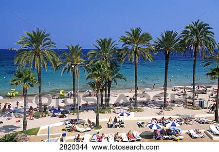 Picture - High angle view of tourists on beach, Playa den Bossa, Ibiza, Balearic Islands, Spain . Fotosearch