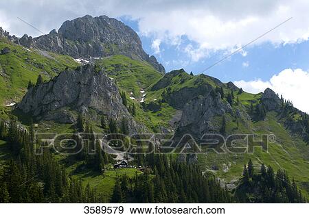 Stock Photo - Koellenspitze and Tannheim hut, Tannheim Mountains, Tyrol, Austria, Europe . Fotosearch