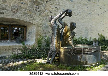 Stock Image - Kopfwaescherbrunnen, Wangen im Allgaeu, Baden-Wuerttemberg, Germany, Europe . Fotosearch